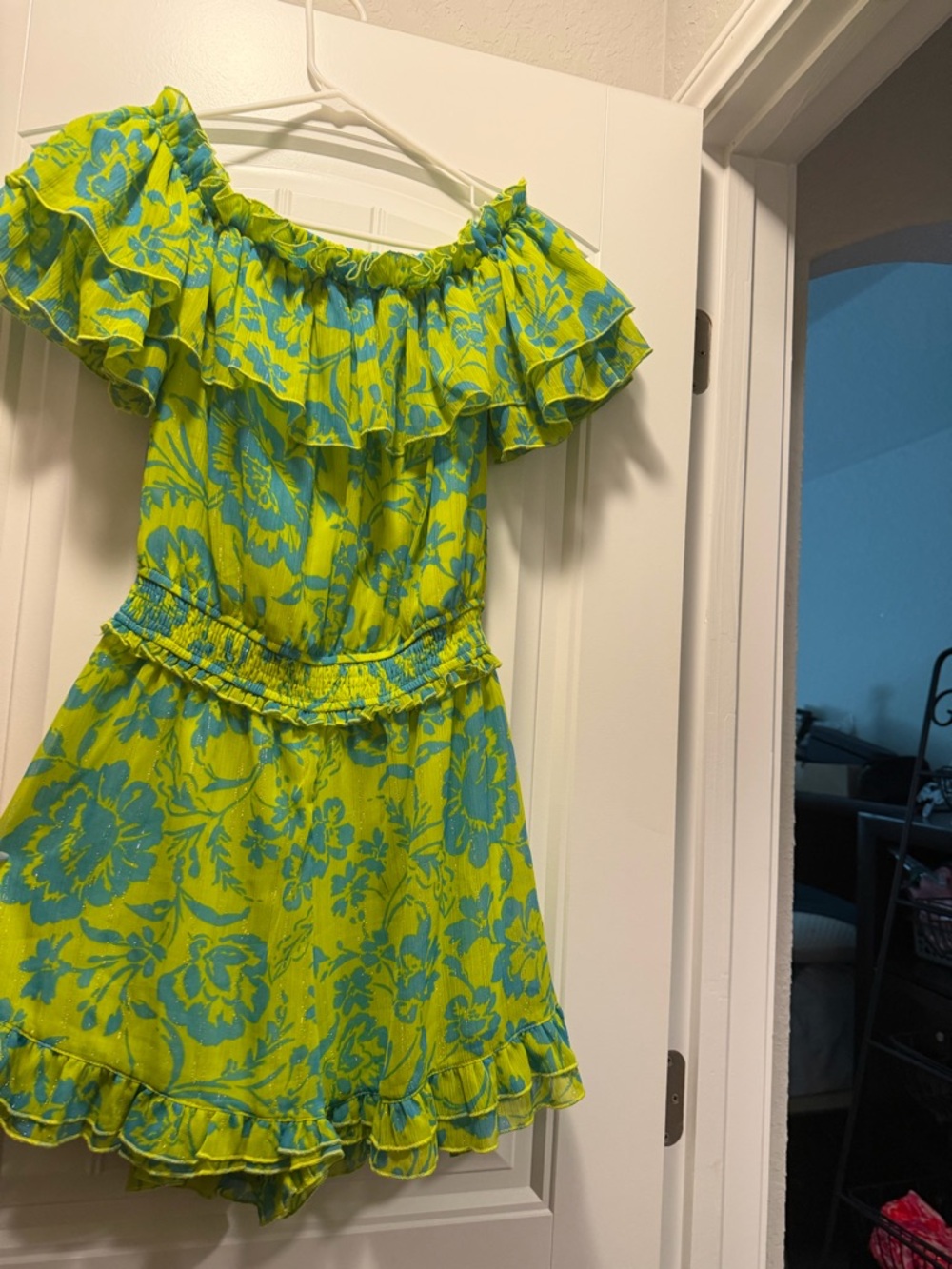 Off-Shoulder Floral Dress in Lime Green & Teal